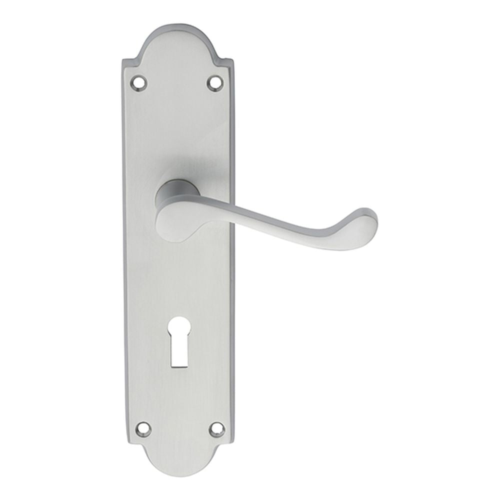 This is an image of a Carlisle Brass - Victorian Scroll Lever on Shaped Lock Backplate - Satin Chrome that is availble to order from Trade Door Handles in Kendal.