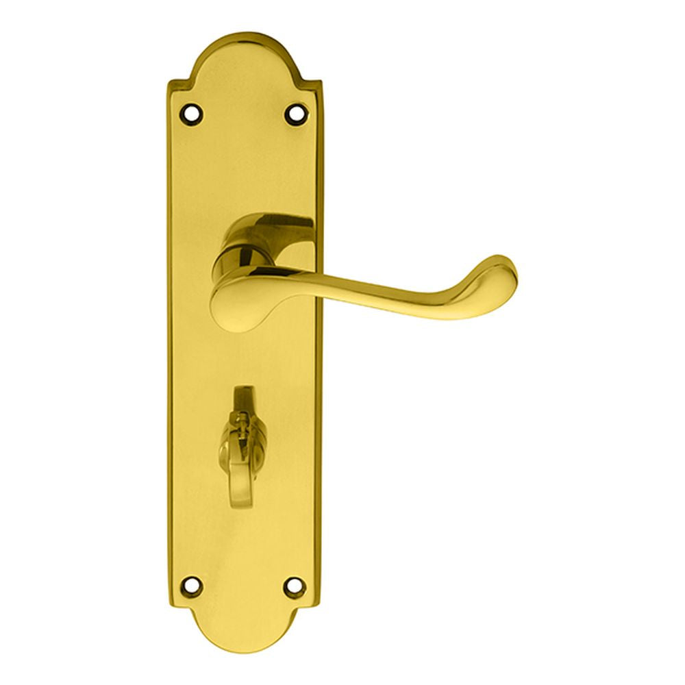 This is an image of a Carlisle Brass - Victorian Scroll Lever on Shaped WC Backplate - Polished Brass that is availble to order from Trade Door Handles in Kendal.