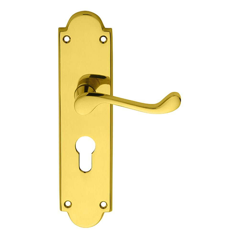 This is an image of a Carlisle Brass - Victorian Scroll Lever on Shaped Euro Lock Backplate - Polished that is availble to order from Trade Door Handles in Kendal.