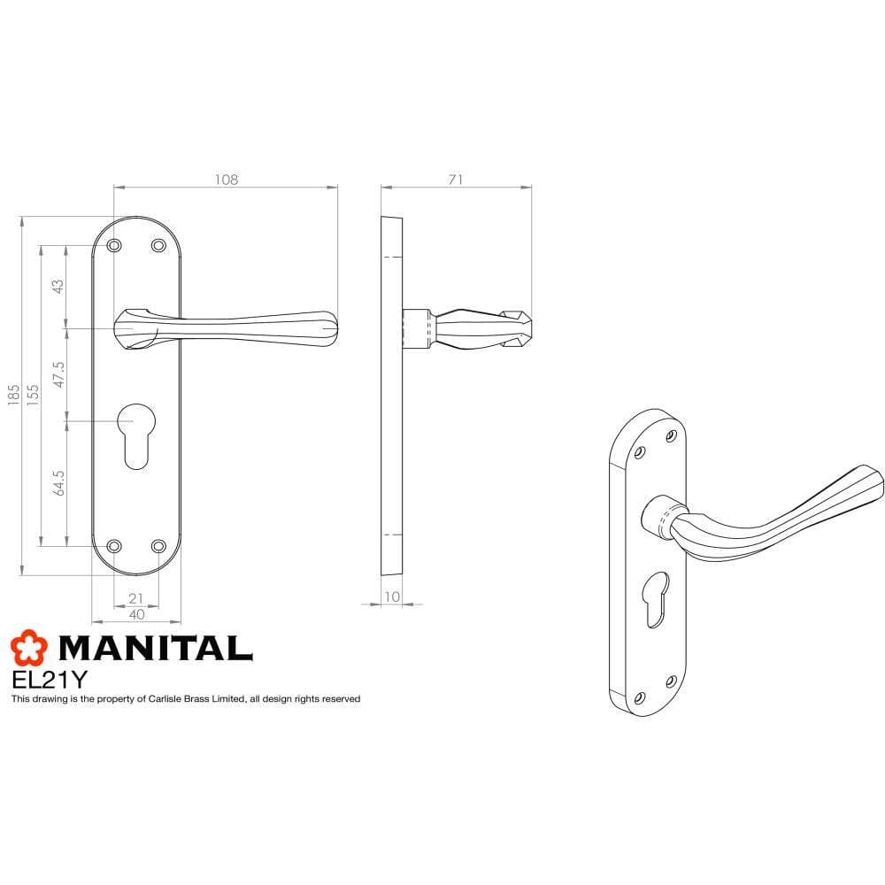 Manital Door Furniture Polished Brass / Euro Profile Lock Handles Manital - Astro Lever on Euro Lock Backplate - Polished Brass