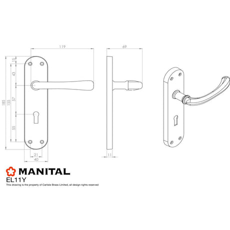 Manital Door Furniture Polished Brass / Euro Profile Lock Handles Manital - Ibra Lever on Euro Lock Backplate - Polished Brass