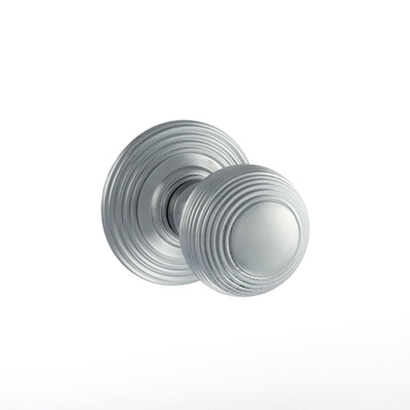 Old English Door Furniture Satin Chrome / Mortice Knobs Old English Ripon Solid Brass Reeded Mortice Knob on Concealed Fix Rose - Satin