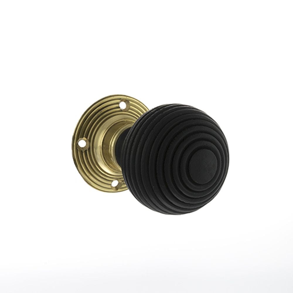 Old English Door Furniture Polished Brass / Mortice Knobs Old English Whitby Ebony Wood Reeded Mortice Knob on 60mm Face Fix Rose - Polish