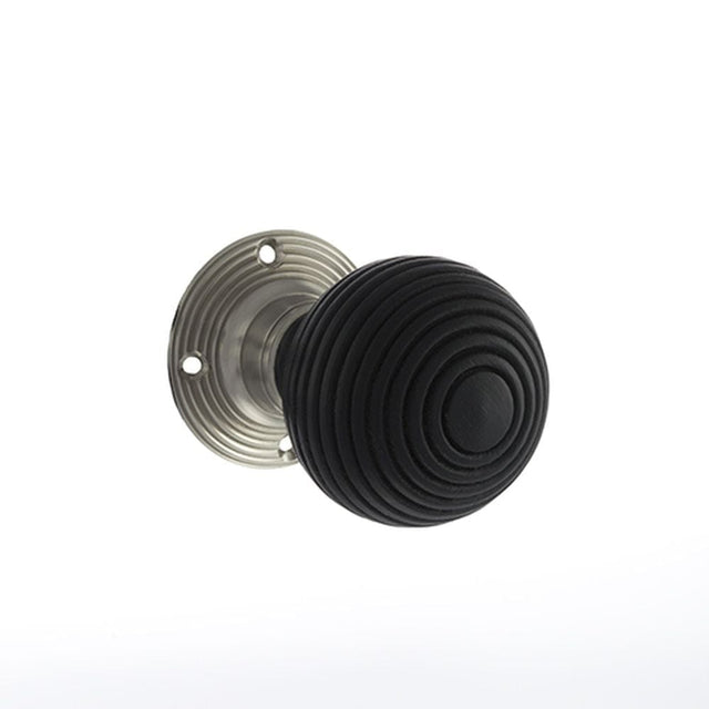 Old English Door Furniture Satin Nickel / Mortice Knobs Old English Whitby Ebony Wood Reeded Mortice Knob on 60mm Face Fix Rose - Satin