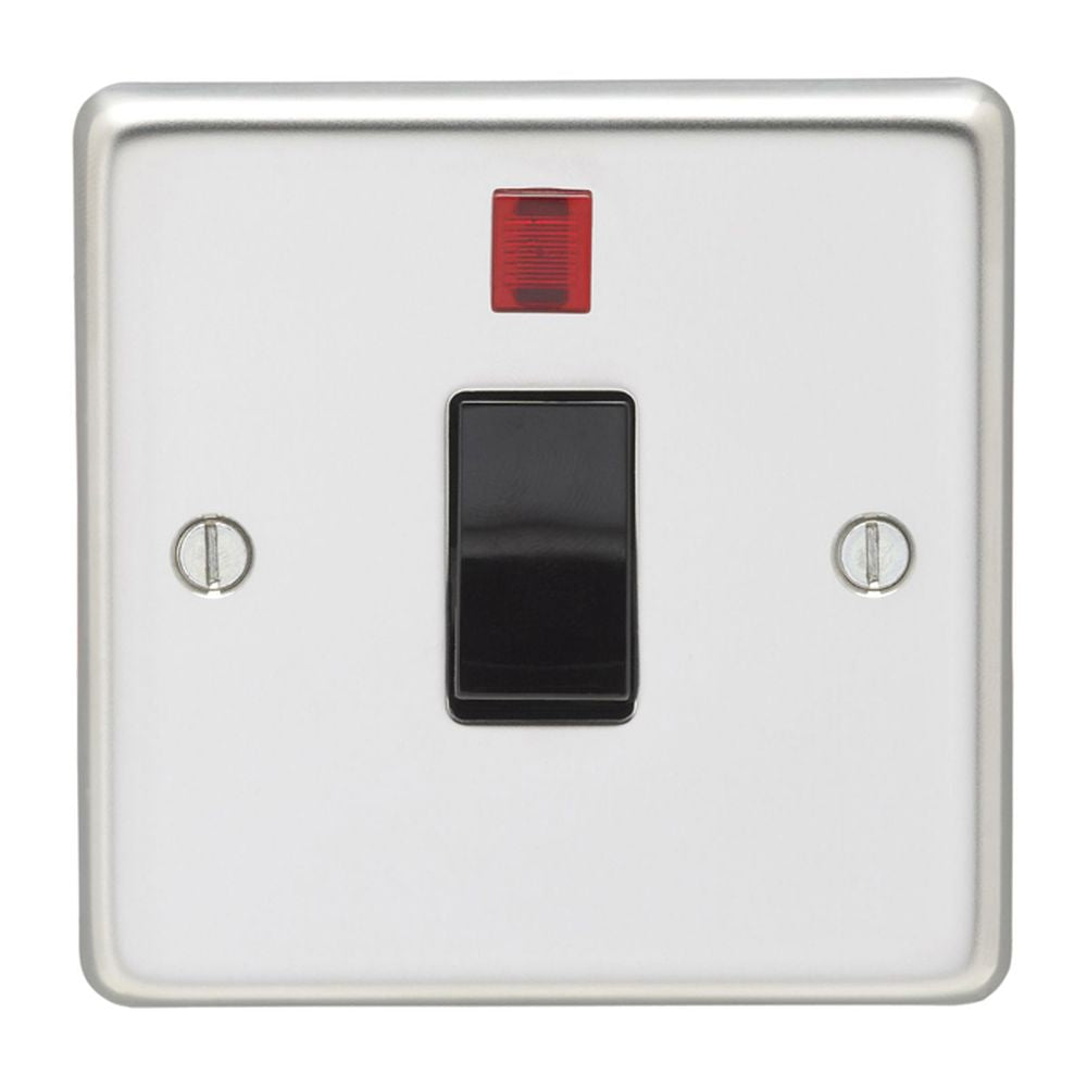 This is an image showing Eurolite Stainless Steel 20Amp Switch with Neon Indicator - Polished Stainless Steel (With Black Trim) pss20aswnb available to order from trade door handles, quick delivery and discounted prices.