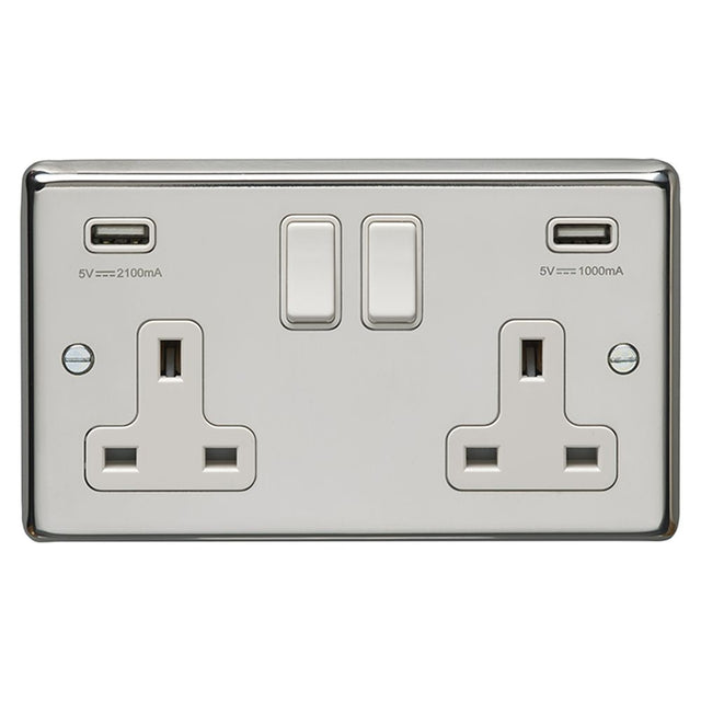 This is an image showing Eurolite Stainless Steel 2 Gang USB Socket - Polished Stainless Steel (With White Trim) pss2usbw available to order from trade door handles, quick delivery and discounted prices.