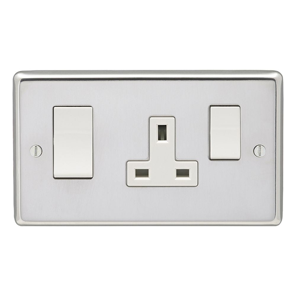 This is an image showing Eurolite Stainless Steel 45Amp Switch with a socket - Polished Stainless Steel (With White Trim) pss45aswasw available to order from trade door handles, quick delivery and discounted prices.