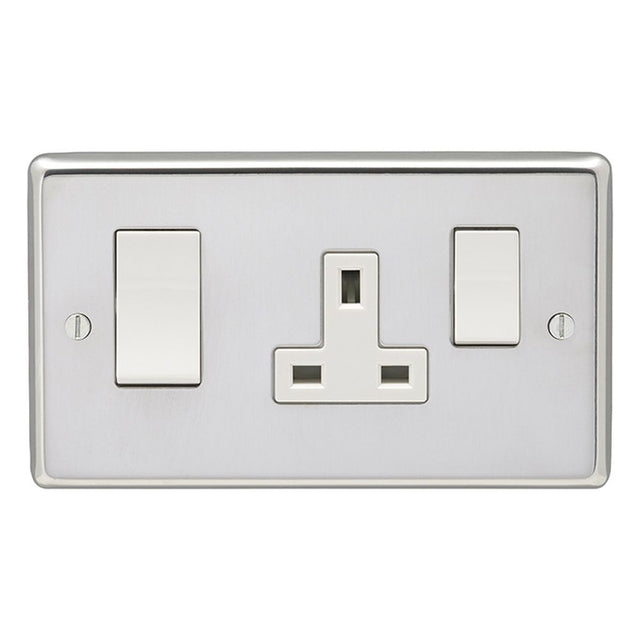 This is an image showing Eurolite Stainless Steel 45Amp Switch with a socket - Polished Stainless Steel (With White Trim) pss45aswasw available to order from trade door handles, quick delivery and discounted prices.