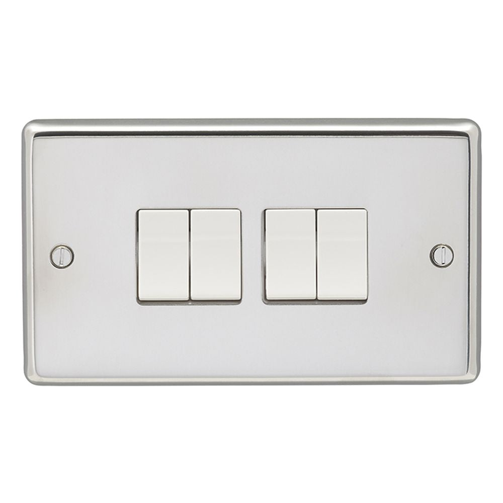 This is an image showing Eurolite Stainless Steel 4 Gang Switch - Polished Stainless Steel (With White Trim) pss4sww available to order from trade door handles, quick delivery and discounted prices.