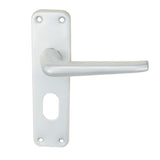 This is an image of a Eurospec - Aluminium Lever On Backplate - Lock Oval Profile 48.5Mm C/C - Satin A that is availble to order from Trade Door Handles in Kendal.