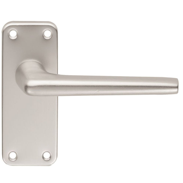 This is an image of a Eurospec - Aluminium Lever on Latch Backplate - Satin Anodised Aluminium that is availble to order from Trade Door Handles in Kendal.