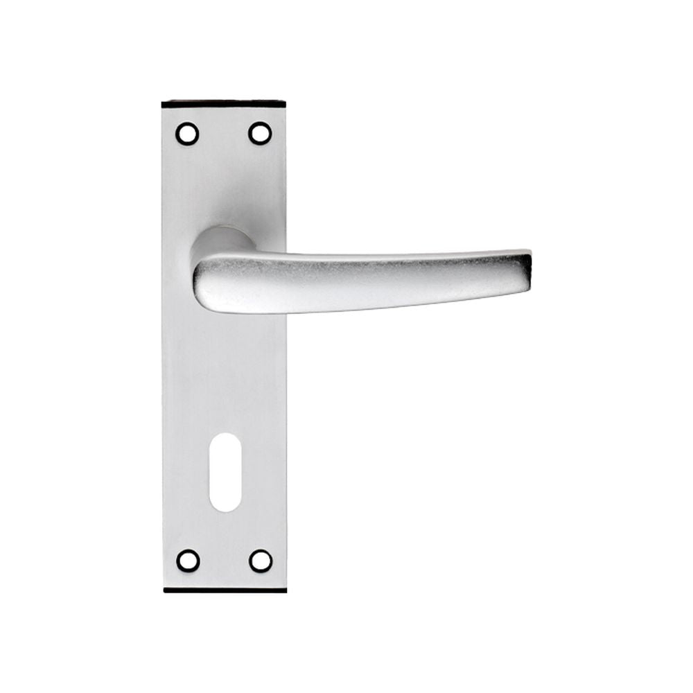 This is an image of a Eurospec - Aluminium MIAL Lever on Lock backplate - Satin Anodised Aluminium that is availble to order from Trade Door Handles in Kendal.