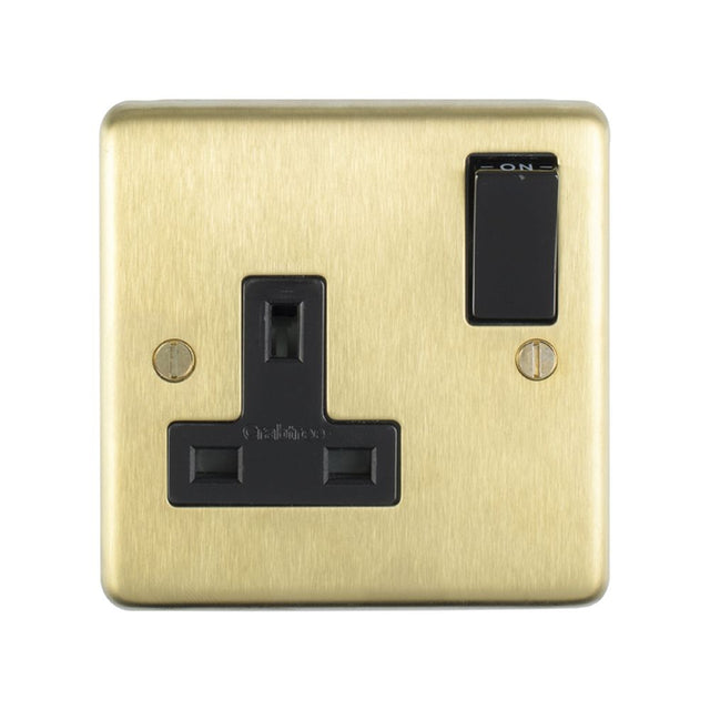 This is an image showing Eurolite Stainless Steel 1 Gang Socket - Satin Brass (With Black Trim) sb1sob available to order from trade door handles, quick delivery and discounted prices.