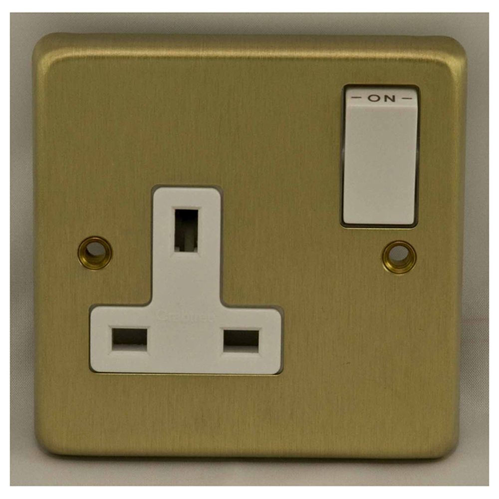 This is an image showing Eurolite Stainless Steel 1 Gang Socket - Satin Brass (With White Trim) sb1sow available to order from trade door handles, quick delivery and discounted prices.