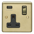 This is an image showing Eurolite Stainless Steel 1 Gang USB Socket - Satin Brass (With Black Trim) sb1usbpbb available to order from trade door handles, quick delivery and discounted prices.