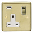 This is an image showing Eurolite Stainless Steel 1 Gang USB Socket - Satin Brass (With White Trim) sb1usbpbw available to order from trade door handles, quick delivery and discounted prices.