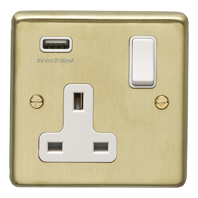 This is an image showing Eurolite Stainless Steel 1 Gang USB Socket - Satin Brass (With White Trim) sb1usbw available to order from trade door handles, quick delivery and discounted prices.