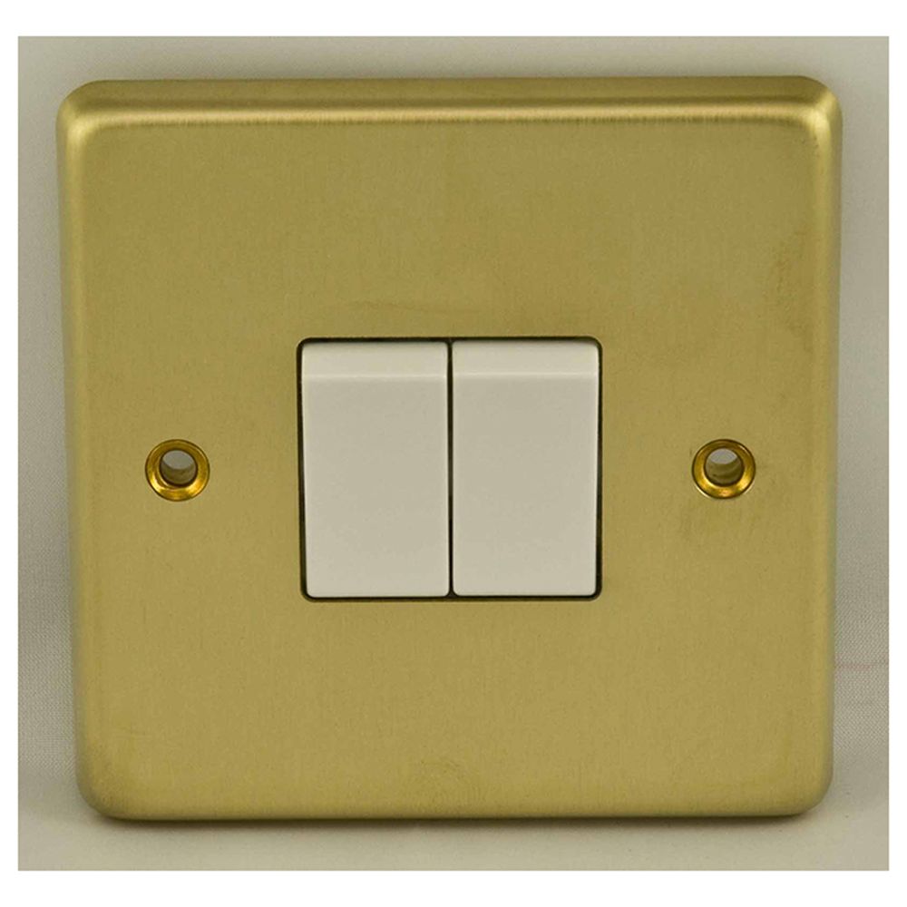 This is an image showing Eurolite Stainless Steel 2 Gang Switch - Satin Brass (With White Trim) sb2sww available to order from trade door handles, quick delivery and discounted prices.