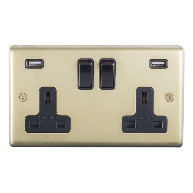 This is an image showing Eurolite Stainless Steel 2 Gang USB Socket - Satin Brass (With Black Trim) sb2usbb available to order from trade door handles, quick delivery and discounted prices.