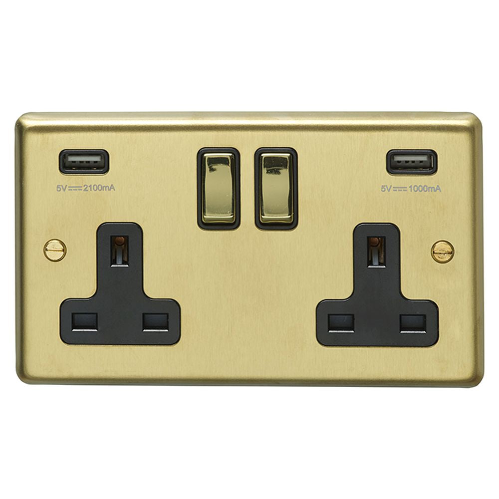 This is an image showing Eurolite Stainless Steel 2 Gang USB Socket - Satin Brass (With Black Trim) sb2usbpbb available to order from trade door handles, quick delivery and discounted prices.