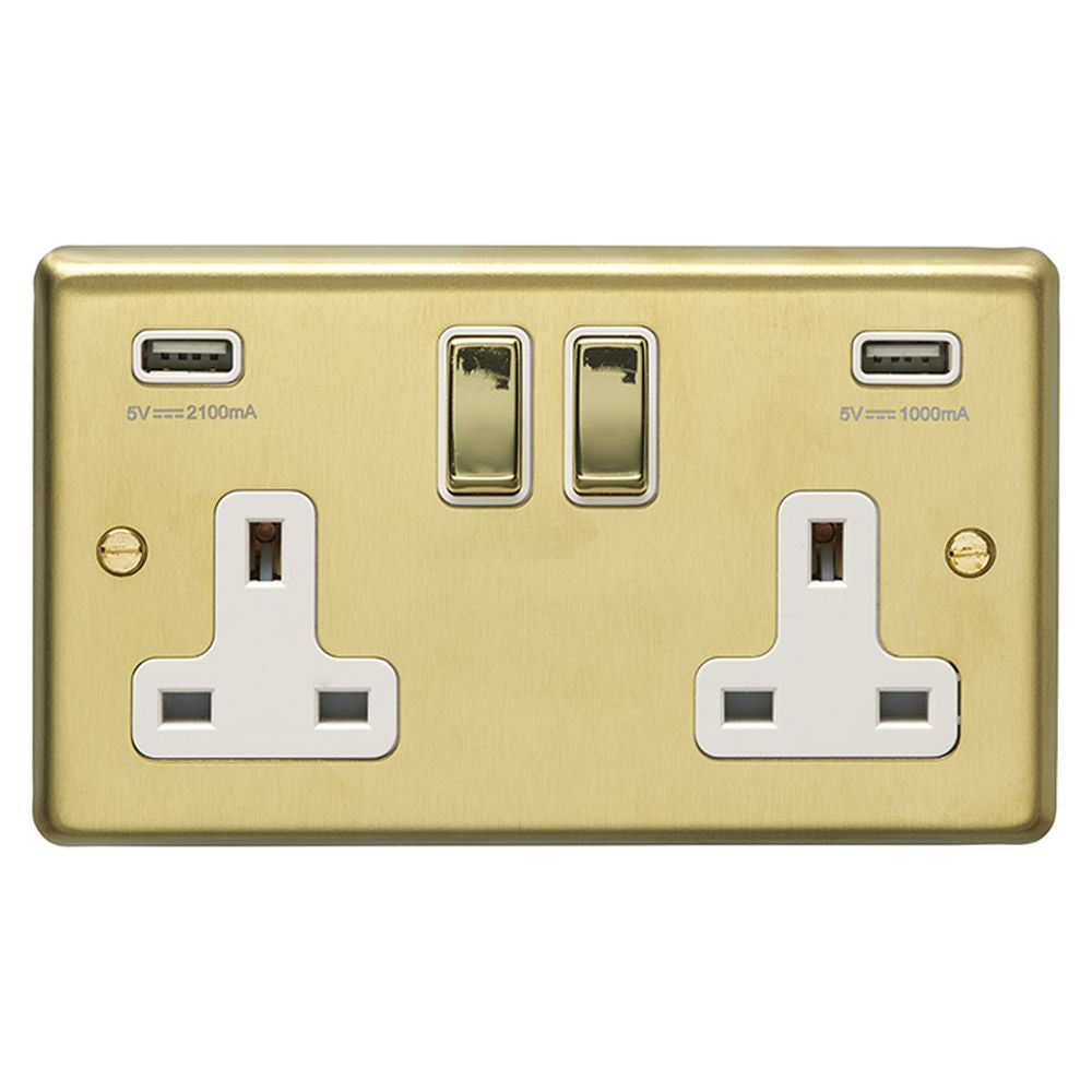 This is an image showing Eurolite Stainless Steel 2 Gang USB Socket - Satin Brass (With White Trim) sb2usbpbw available to order from trade door handles, quick delivery and discounted prices.