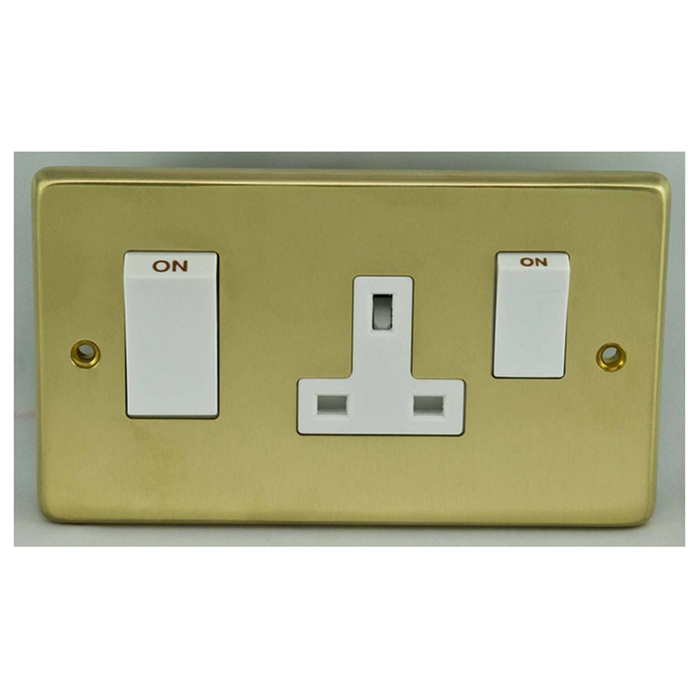 This is an image showing Eurolite Stainless Steel 45Amp Switch with a socket - Satin Brass (With White Trim) sb45aswasw available to order from trade door handles, quick delivery and discounted prices.