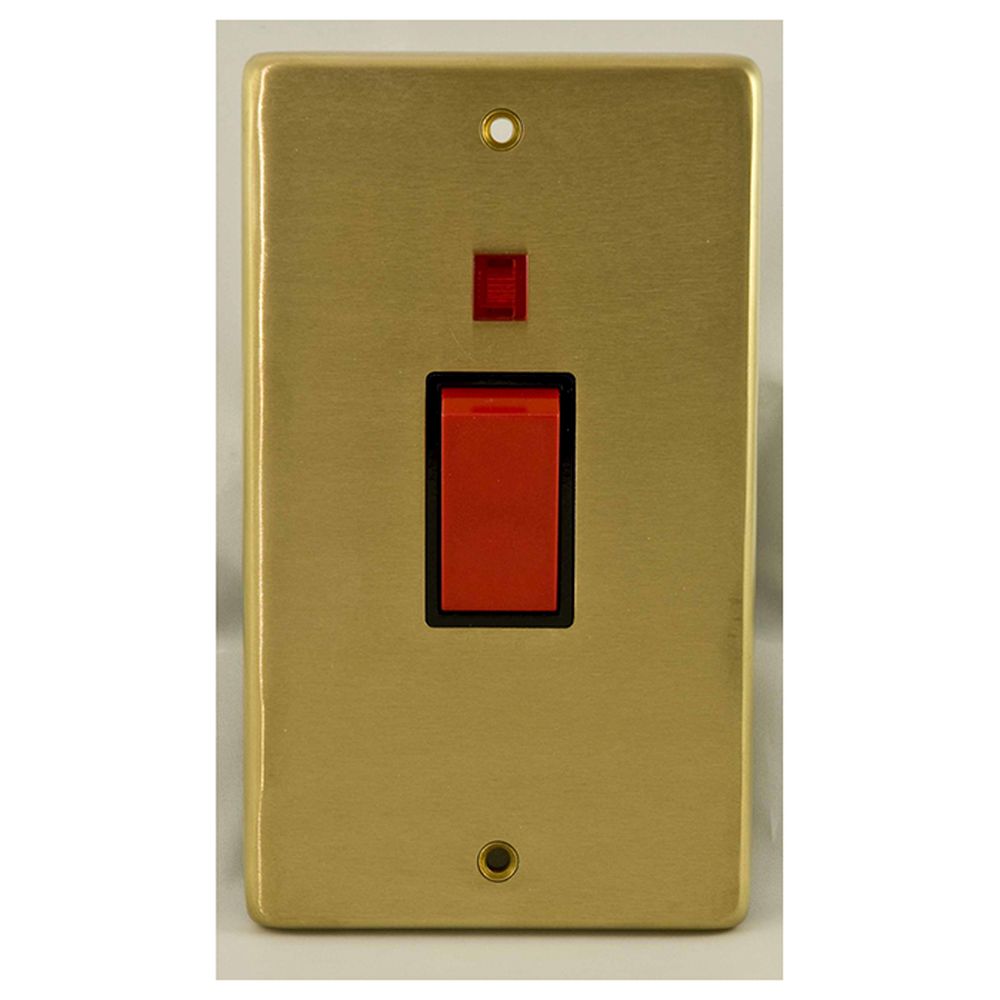 This is an image showing Eurolite Stainless Steel 45Amp Switch with Neon Indicator - Satin Brass (With Black Trim) sb45aswnb available to order from trade door handles, quick delivery and discounted prices.