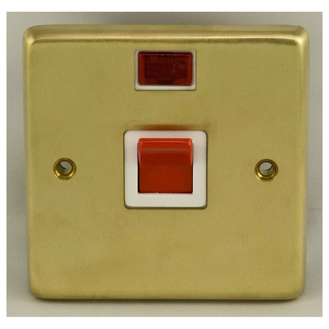 This is an image showing Eurolite Stainless Steel 45Amp Switch with Neon Indicator - Satin Brass (With White Trim) sb45aswnsw available to order from trade door handles, quick delivery and discounted prices.