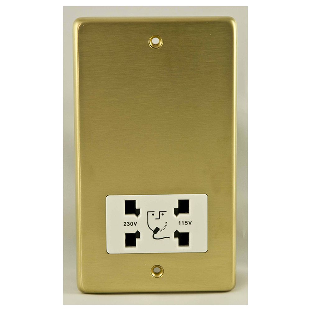 This is an image showing Eurolite Stainless Steel Shaver Socket - Satin Brass (With White Trim) sbshsw available to order from trade door handles, quick delivery and discounted prices.