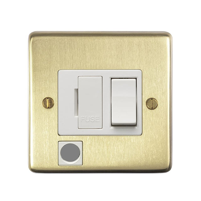 This is an image showing Eurolite Stainless Steel Switched Fuse Spur - Satin Brass (With White Trim) sbswffow available to order from trade door handles, quick delivery and discounted prices.