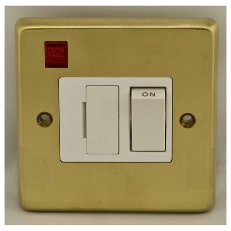 This is an image showing Eurolite Stainless Steel Switched Fuse Spur - Satin Brass (With White Trim) sbswfnw available to order from trade door handles, quick delivery and discounted prices.