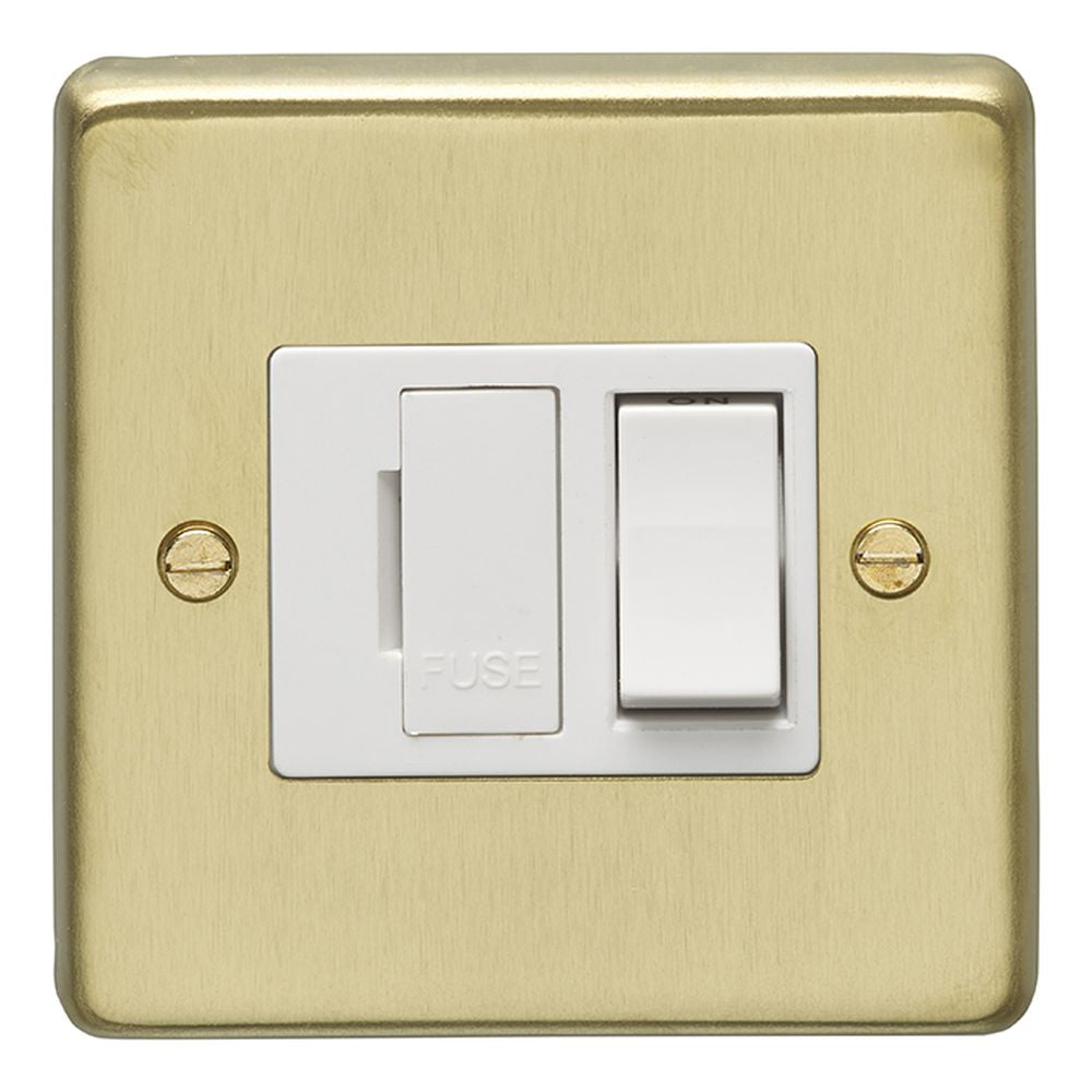 This is an image showing Eurolite Stainless Steel Switched Fuse Spur - Satin Brass (With White Trim) sbswfw available to order from trade door handles, quick delivery and discounted prices.