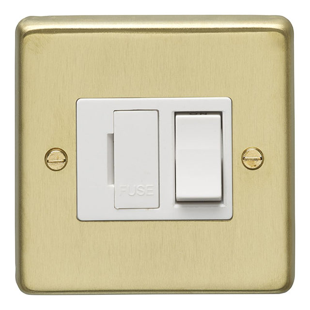 This is an image showing Eurolite Stainless Steel Switched Fuse Spur - Satin Brass (With White Trim) sbswfw available to order from trade door handles, quick delivery and discounted prices.