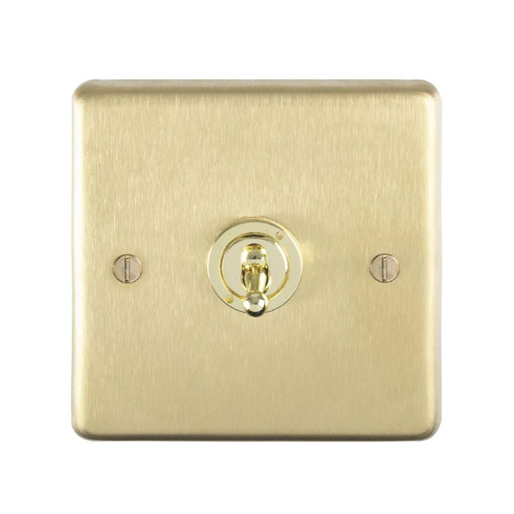 This is an image showing Eurolite Stainless Steel 1 Gang Toggle Switch - Satin Brass (With White Trim) sbt1sw available to order from trade door handles, quick delivery and discounted prices.