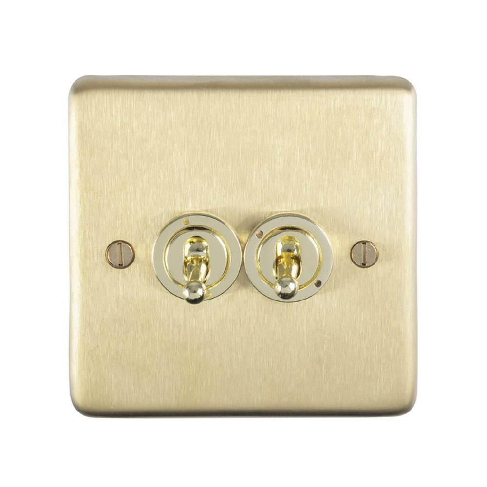 This is an image showing Eurolite Stainless Steel 2 Gang Toggle Switch - Satin Brass (With White Trim) sbt2sw available to order from trade door handles, quick delivery and discounted prices.