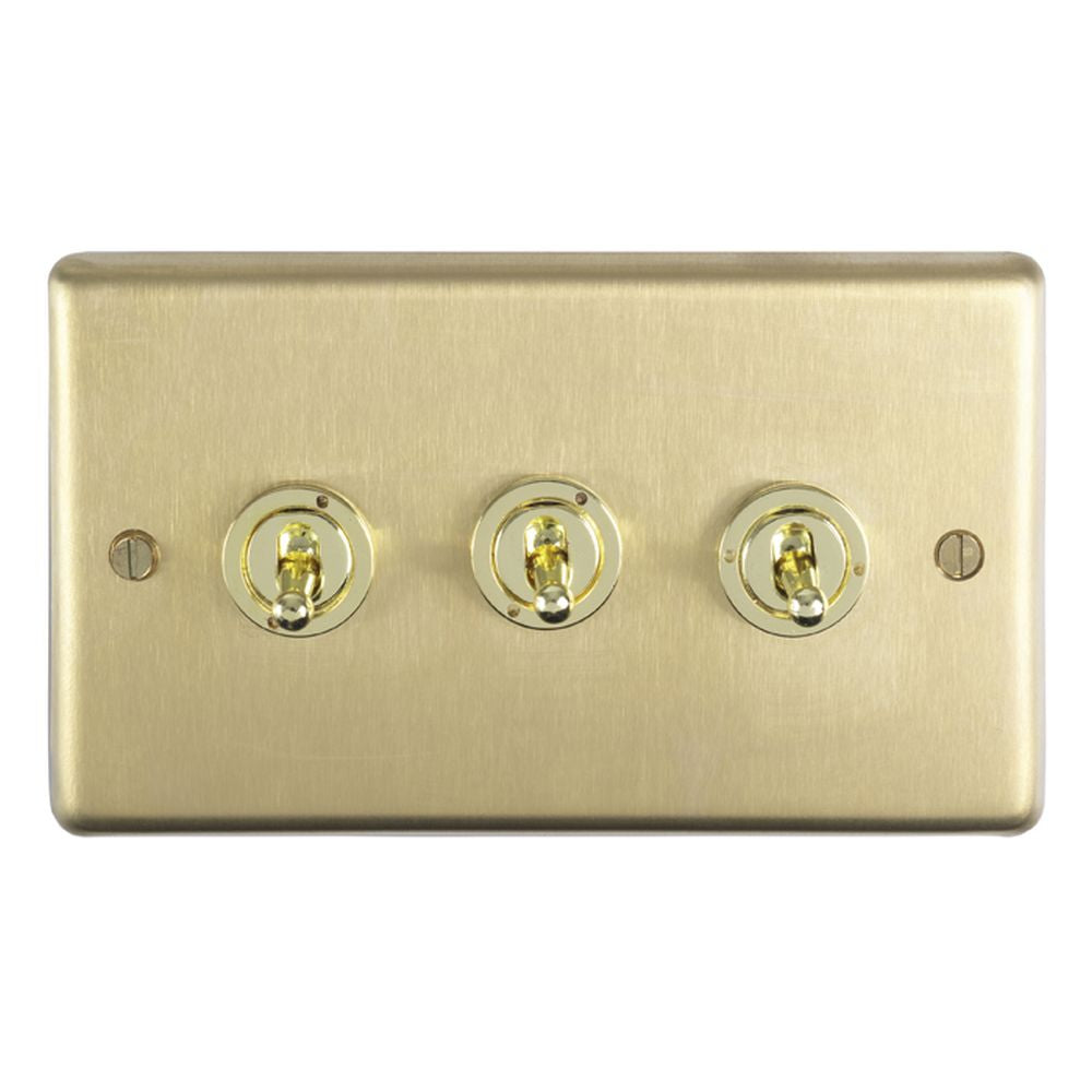 This is an image showing Eurolite Stainless Steel 3 Gang Toggle Switch - Satin Brass (With White Trim) sbt3sw available to order from trade door handles, quick delivery and discounted prices.