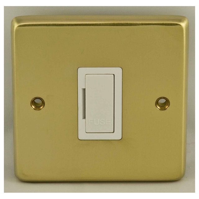 This is an image showing Eurolite Stainless Steel Unswitched Fuse Spur - Satin Brass (With White Trim) sbuswfw available to order from trade door handles, quick delivery and discounted prices.