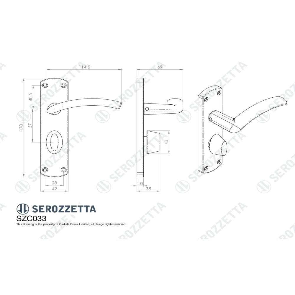 Serozzetta Door Furniture Satin Chrome / Bathroom Lock Handles Serozzetta - Tres Lever on WC Backplate - Satin Chrome