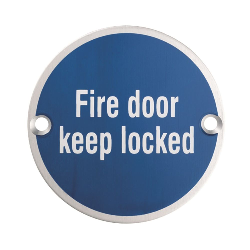 This is an image of a Eurospec - Signage Fire Door - Keep Locked - Satin Stainless Steel that is availble to order from Trade Door Handles in Kendal.