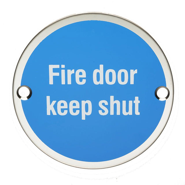 This is an image of a Eurospec - Signage Fire Door - Keep Shut - Bright Stainless Steel that is availble to order from Trade Door Handles in Kendal.