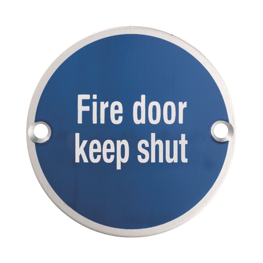 This is an image of a Eurospec - Signage Fire Door - Keep Shut - Satin Stainless Steel that is availble to order from Trade Door Handles in Kendal.