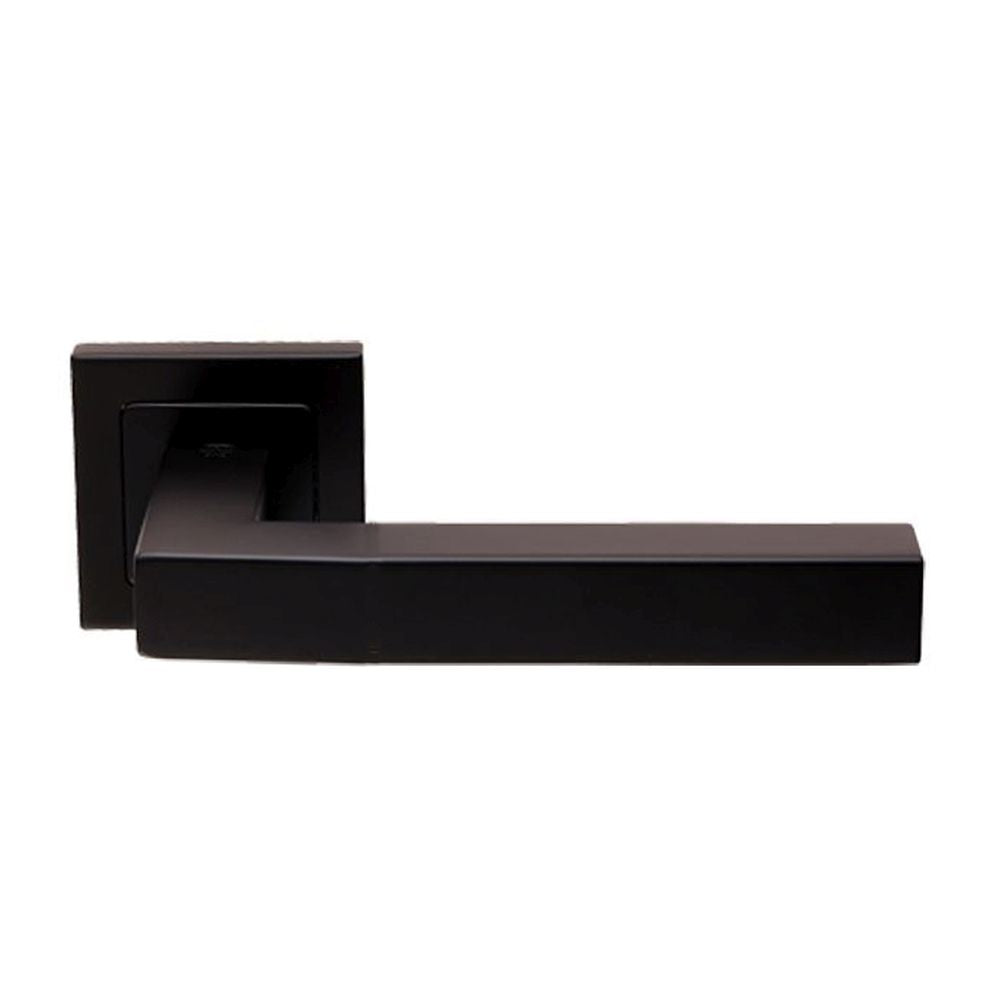 This is an image of a Eurospec - Alvar Designer Lever on Sprung Square Rose - Matt Black that is availble to order from Trade Door Handles in Kendal.