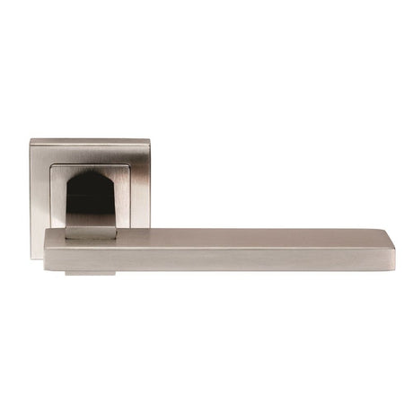 This is an image of a Eurospec - Tange Designer Lever on Sprung Square Rose - Satin Stainless Steel that is availble to order from Trade Door Handles in Kendal.