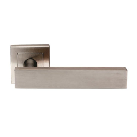 This is an image of a Eurospec - Carla Designer Lever on Sprung Square Rose - Satin Stainless Steel that is availble to order from Trade Door Handles in Kendal.