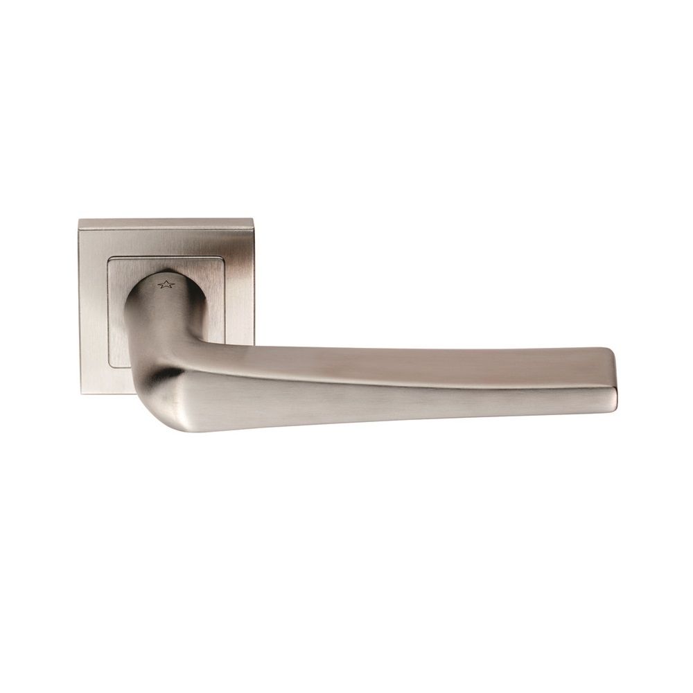 This is an image of a Eurospec - Plaza Designer Lever on Sprung Square Rose - Satin Stainless Steel that is availble to order from Trade Door Handles in Kendal.