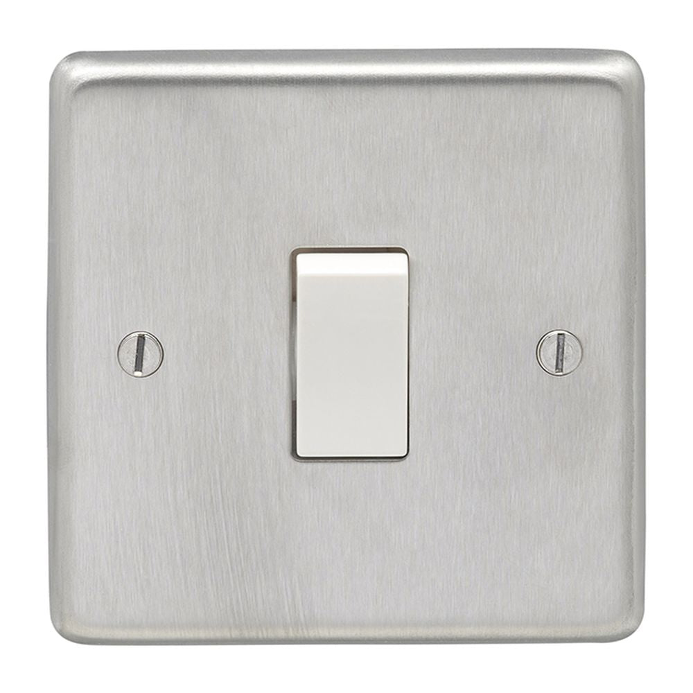 This is an image showing Eurolite Stainless Steel 1 Gang Switch - Satin Stainless Steel (With White Trim) sss1sww available to order from trade door handles, quick delivery and discounted prices.