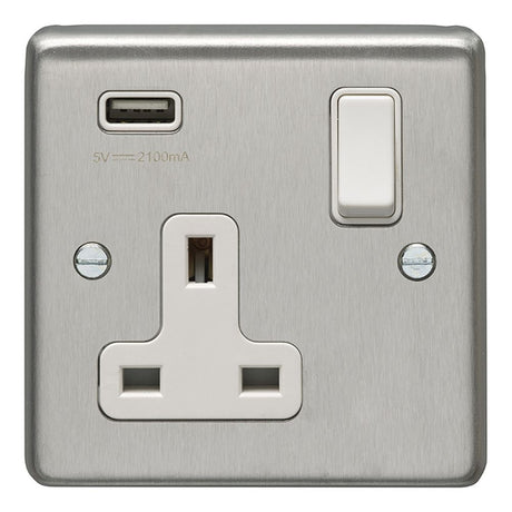 This is an image showing Eurolite Stainless Steel 1 Gang USB Socket - Satin Stainless Steel (With White Trim) sss1usbw available to order from trade door handles, quick delivery and discounted prices.