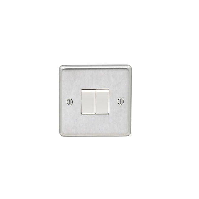 This is an image showing Eurolite Stainless Steel 2 Gang Switch - Satin Stainless Steel (With White Trim) sss2sww available to order from trade door handles, quick delivery and discounted prices.