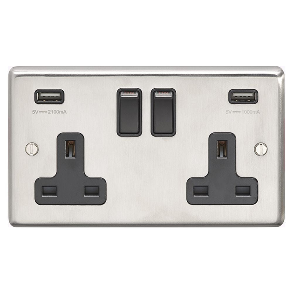 This is an image showing Eurolite Stainless Steel 2 Gang USB Socket - Satin Stainless Steel (With Black Trim) sss2usbb available to order from trade door handles, quick delivery and discounted prices.