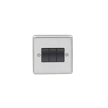 This is an image showing Eurolite Stainless Steel 3 Gang Switch - Satin Stainless Steel (With Black Trim) sss3swb available to order from trade door handles, quick delivery and discounted prices.